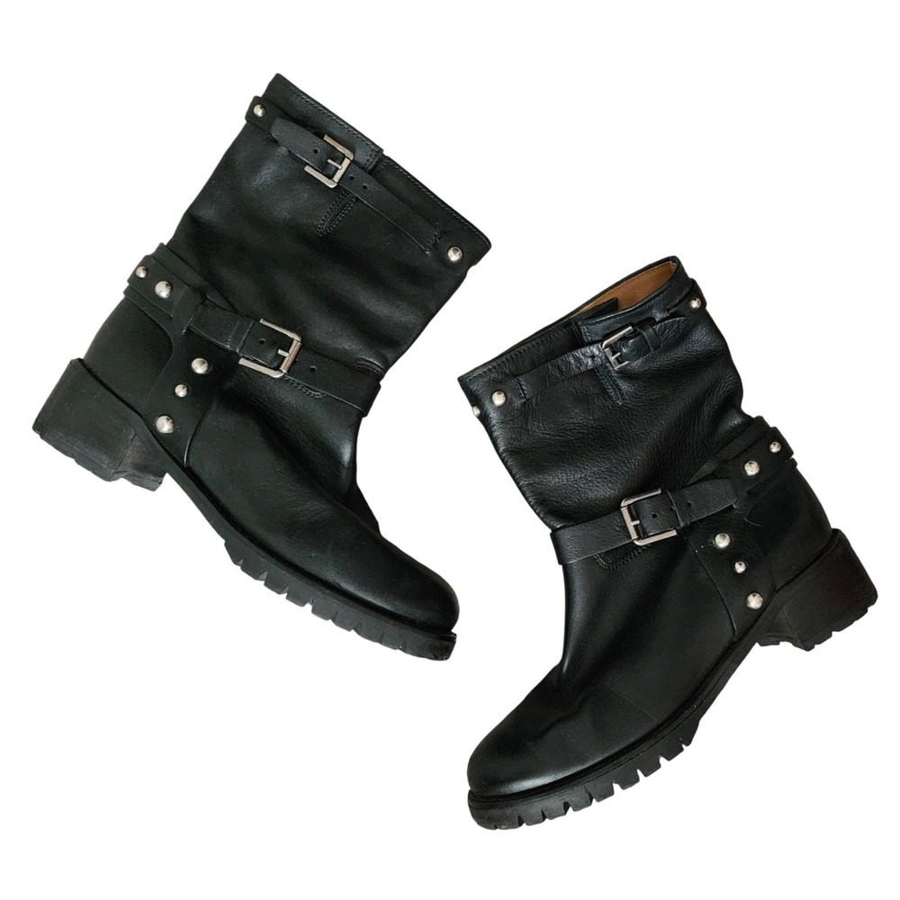 Polo Ralph Lauren Studded Leather Moto Boots Black Biker Harness Vibram 39 8.5